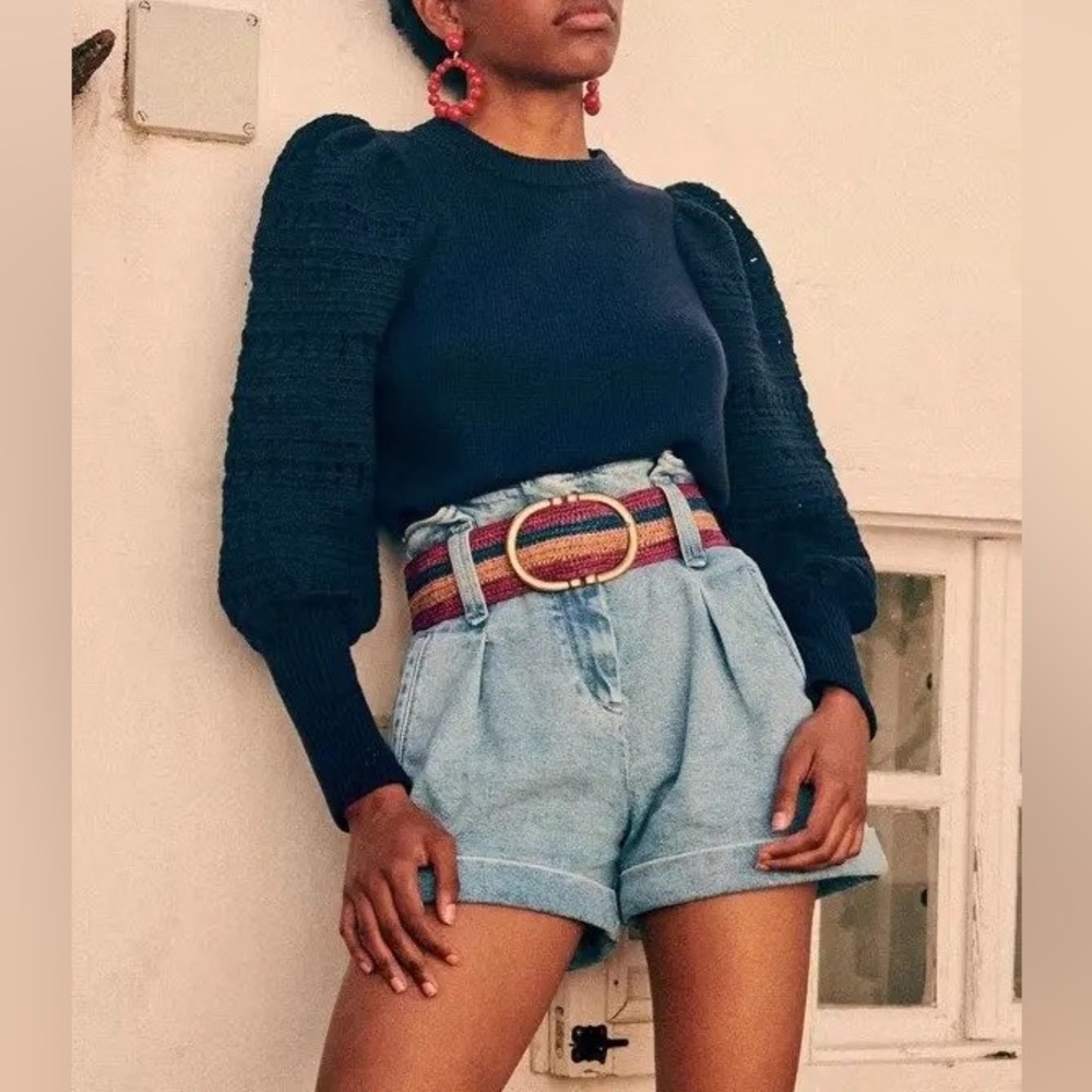 Sezane Navy Puff-Sleeve Knit Sweater